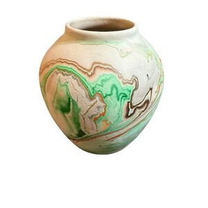 Nemadgi Native American Pottery Vase Swirl Green Brown Orange Rustic Handcrafted